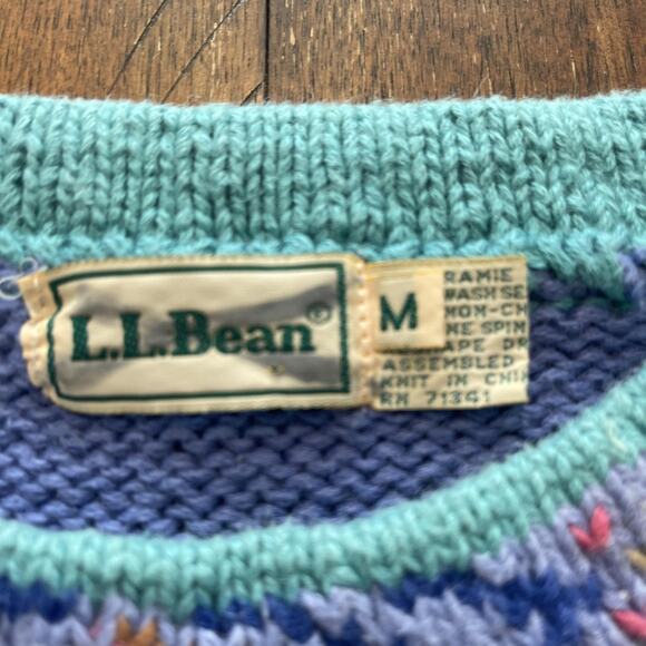 L.L.Bean Sweater Womens Medium Purple Ramie Intarsia Floral Geometric Pullover - Picture 8 of 13